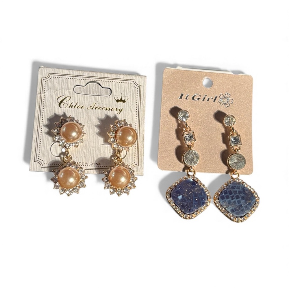 Gold Pearl Drop Earrings Rhinestone with blue